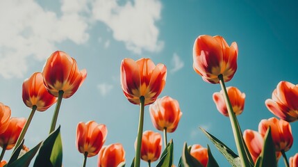 Fototapeta premium Beautiful orange spring tulip flowers in full bloom with blue sky in background 