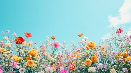 Obraz premium In the vintage landscape, a beautiful floral garden blooms with colorful flowers, isolated against the clear blue sky on a white background, reflecting the light of the sun