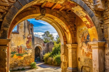 Intimate close-up of an ancient Spanish archway with faded frescoes and chipped stone textures revealing a glimpse of the country's rich historical heritage.