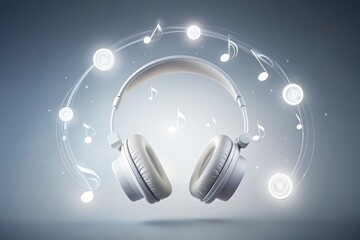 minimalist white headphones suspended in mid-air amidst a halo of light with simple music icons and delicate lines in a clean modern aesthetic