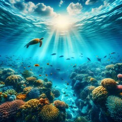 Fototapeta premium Fish and turtles swim underwater amidst coral and soft blue light.