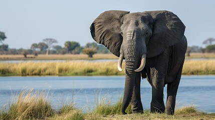 Obraz premium An adult African elephant stands on a grassy riverbank in the savannah.