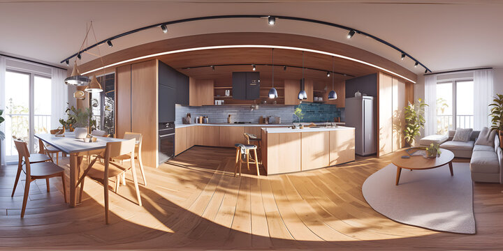3d illustration spherical 360 vr degrees, a seamless panorama of the room and apartment . interior design 3D rendering.reception in a modern panoramic hous