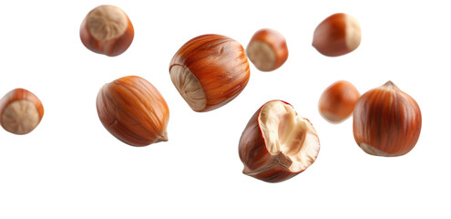 Hazelnuts levitating against a white background with one cracked open, showing the kernel inside, isolated on transparent background.