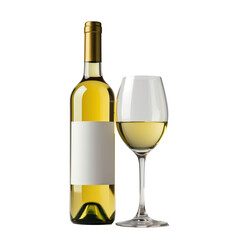 Fototapeta premium White wine bottle with blank label beside a filled wine glass isolated on transparent background.