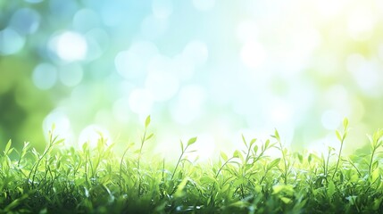 Fototapeta premium Beautiful sunny spring meadow with green grass and blue sky. Abstract background with light bokeh and space for text