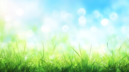 Obraz premium Beautiful sunny spring meadow with green grass and blue sky. Abstract background with light bokeh and space for text. 