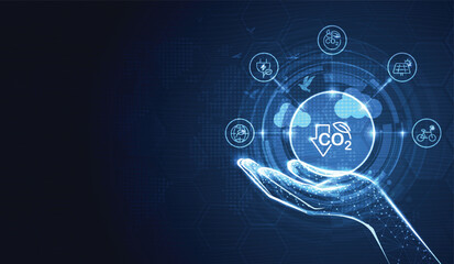 Reduce CO2 or carbon concept with icons and hand. CO2 emission using clean energy and limit global warming. renewable energy business background. vector design.