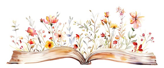 Open book with watercolor flowers and leaves.