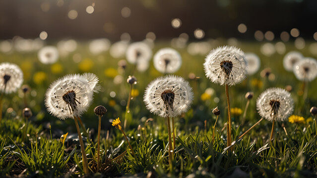 A field filled with dandelions in various stages, with some blowing in the wind, their seeds floating gently through the warm air.