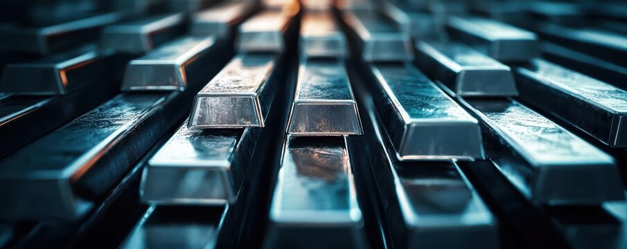 Close-up of stacked silver bars, reflecting light.