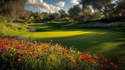 A picturesque golf green nestled among a vibrant mix of wildflowers, offering a striking contrast between manicured perfection and natural splendor