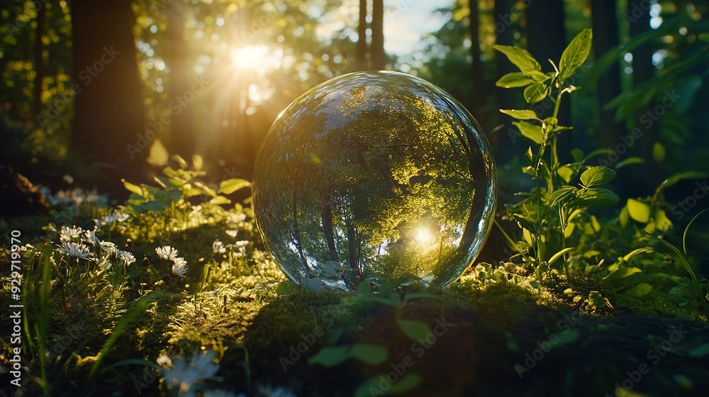 Canvas Prints Forest ecosystem. ESG eco concept. Conservation and ecology environment. Nature spring background. Glass globe in forest 