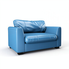 Blue Leather Armchair with Pillow Isolated on White Background