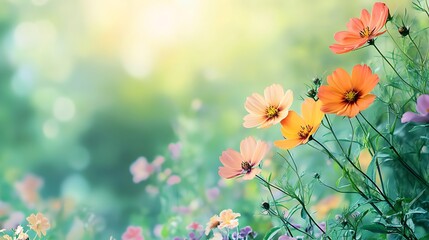 Orange and pink flowers blooming in a lush green field, with a blurred background.
