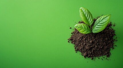 Naklejka premium A fresh green plant sprouting from dark soil on a vibrant green background, symbolizing growth and rejuvenation.