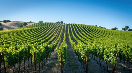 A tranquil vineyard landscape with rows of green grapevines lining the mountains as far as the eye can see waiting for the harvest season in the countryside.