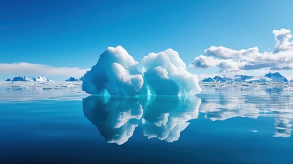 Naklejka premium A serene landscape featuring icebergs floating on calm waters under a bright blue sky, reflecting nature's beauty.