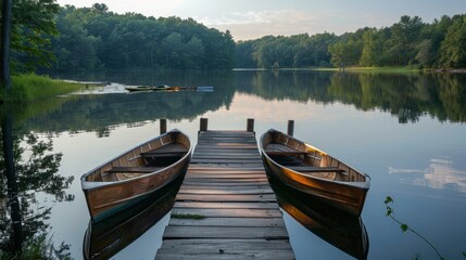 Obraz premium A rowboat is parked quietly beside a wooden pier on a lake amidst a quiet forest.