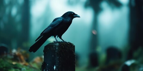 Fototapeta premium A lone crow perched on a tree stump in a misty forest.