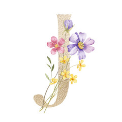 Letter J, gold floral monogram with watercolor flowers and leaf. Golden letterhead, initial perfectly for logo, wedding invitation, greeting card, poster . Holiday digital design hand drawing.