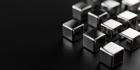 Metallic cubes scattered on a black surface, minimalist design.