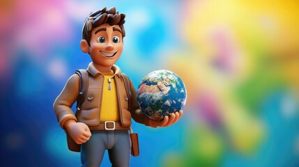 3D Cartoon Adventurer Holding a Globe Against a Colorful Backdrop