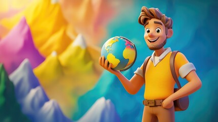 3D Cartoon Adventurer Holding a Globe Against a Colorful Backdrop