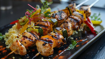 Grilled chicken skewers with a side of grilled vegetables on a sleek black plate, Grilled kebab with couscous and vegetables on a plate