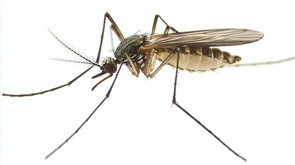 Close up of a mosquito with it's wings spread and it's proboscis extended.