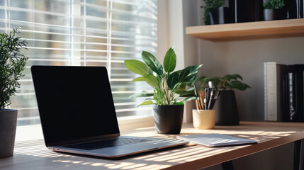 Fototapeta premium A Kazakh entrepreneur's desk with a laptop and modern, organized layout