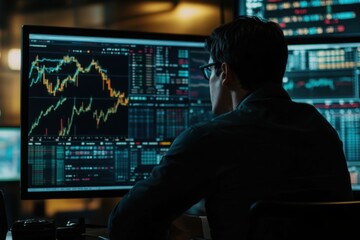 Fototapeta premium Trader Analyzing Stock Market Data on Multiple Monitors