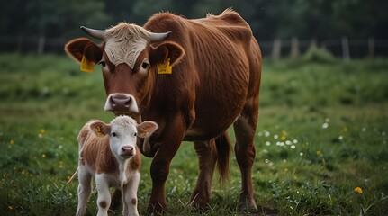 A cow with her cub mother loves and cares in everyday