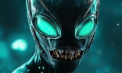 A futuristic alien figure with glowing green eyes, set against a dark, atmospheric background, evoking themes of science fiction and extraterrestrial life.
