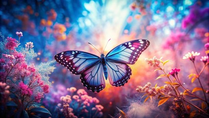 Infrared photograph of a surreal dreamscape with a butterfly icon, radiating a whimsical aura, captured using a multiple-exposure technique, in iridescent colors, symbolizing transformation.