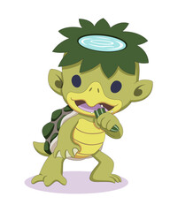 Cute style Japanese mythology folklore creature Kappa eating cucumber cartoon illustration