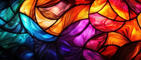 Abstract stained glass window with vibrant colors and intricate patterns.