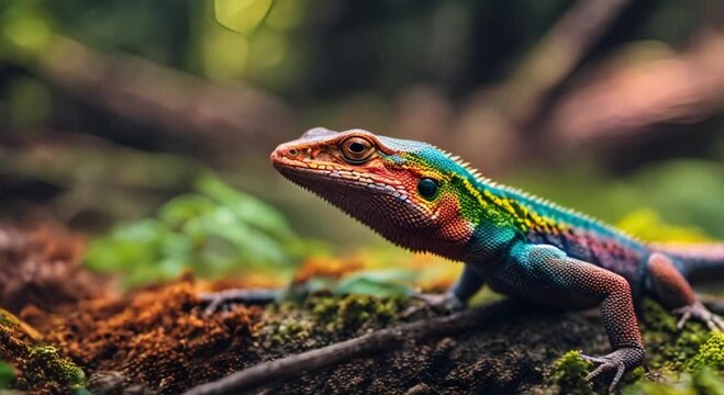 Chameleons, colorful lizards against a forest background