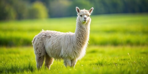 Fototapeta premium Furry lama alpaca standing in a green field, alpaca, lama, furry, animal, cute, farm, domestic, fluffy, wool, South America