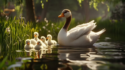 A protective mother goose guiding her fluffy goslings along the water's edge amidst lush greenery.