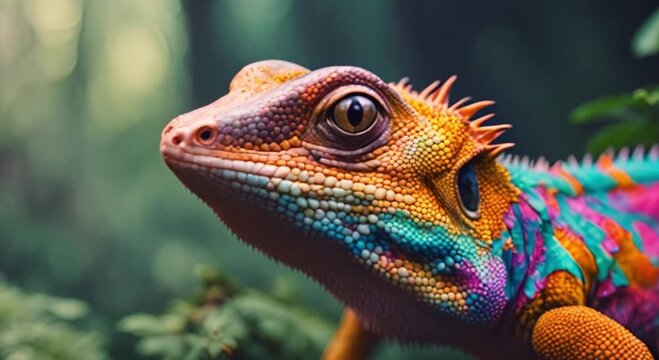 Chameleons, colorful lizards against a forest background