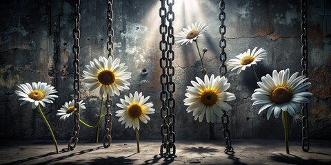 dark moody daisy silhouettes entangled industrial metal chains gritty urban concrete walls bold dramatic shadows