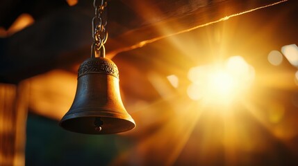Obraz premium Vintage brass bell hanging against a bright sunlit background.