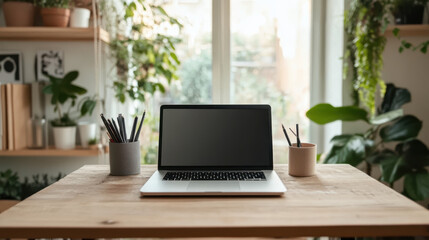 A minimalist Scandinavian desk setup with a laptop and neat organization