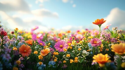 Vibrant field of colorful flowers illuminated by soft sunlight under a clear blue sky, creating a serene and joyful atmosphere.