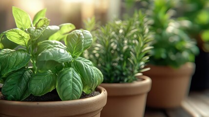 Lush green herbs in terracotta pots, bathed in warm sunlight, perfect for gardening enthusiasts and indoor plant lovers.
