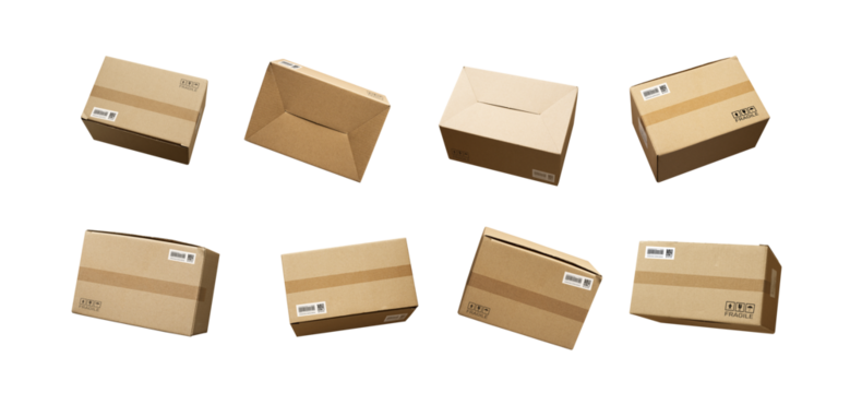 Set of cardboard shipping boxes in various orientations angle, showcasing standard packaging.for related ideas design to shipping, delivery, logistics,e-commerce.