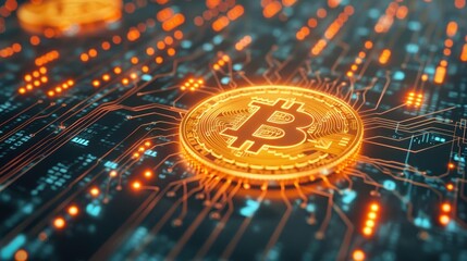 Glowing digital coin shines against a dark tech backdrop, symbolizing the power of virtual currency and innovation.