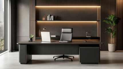 A modern German office desk with a laptop and tidy arrangement