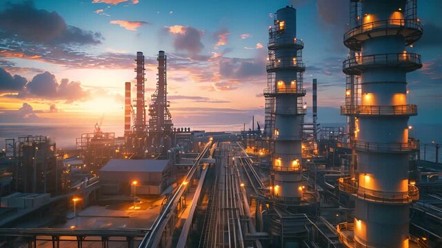 Industrial oil refinery at sunset with dramatic sky, showcasing pipelines 
